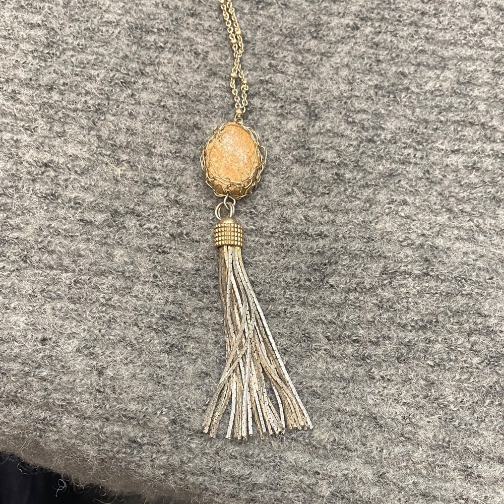 Elegant Gold and Stone Tassel Necklace